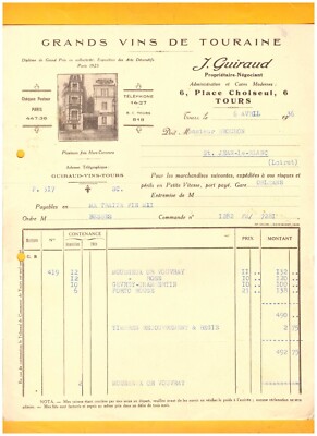 TOURS (37) GROSSE WEINE der TOURAINE ''J. GUIRAUD Eigentümer'' 1936