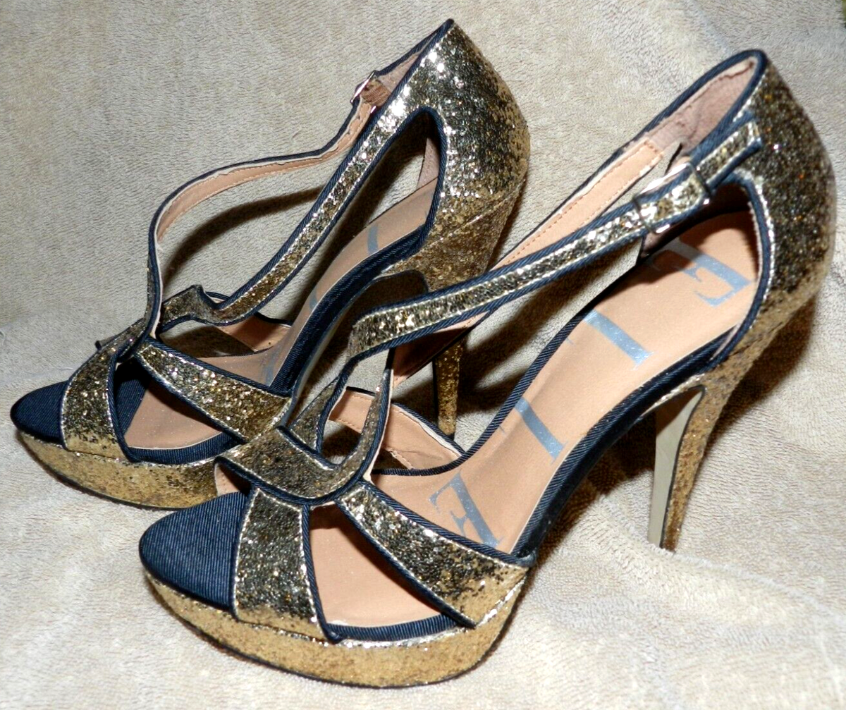 Elle Women 1/2 Black w/ Gold Glitter Strappy Open Toe Heels