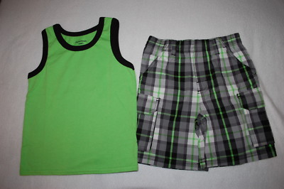 Toddler Boys Outfit LIME GREEN TANK TOP Black Trim PLAID CARGO