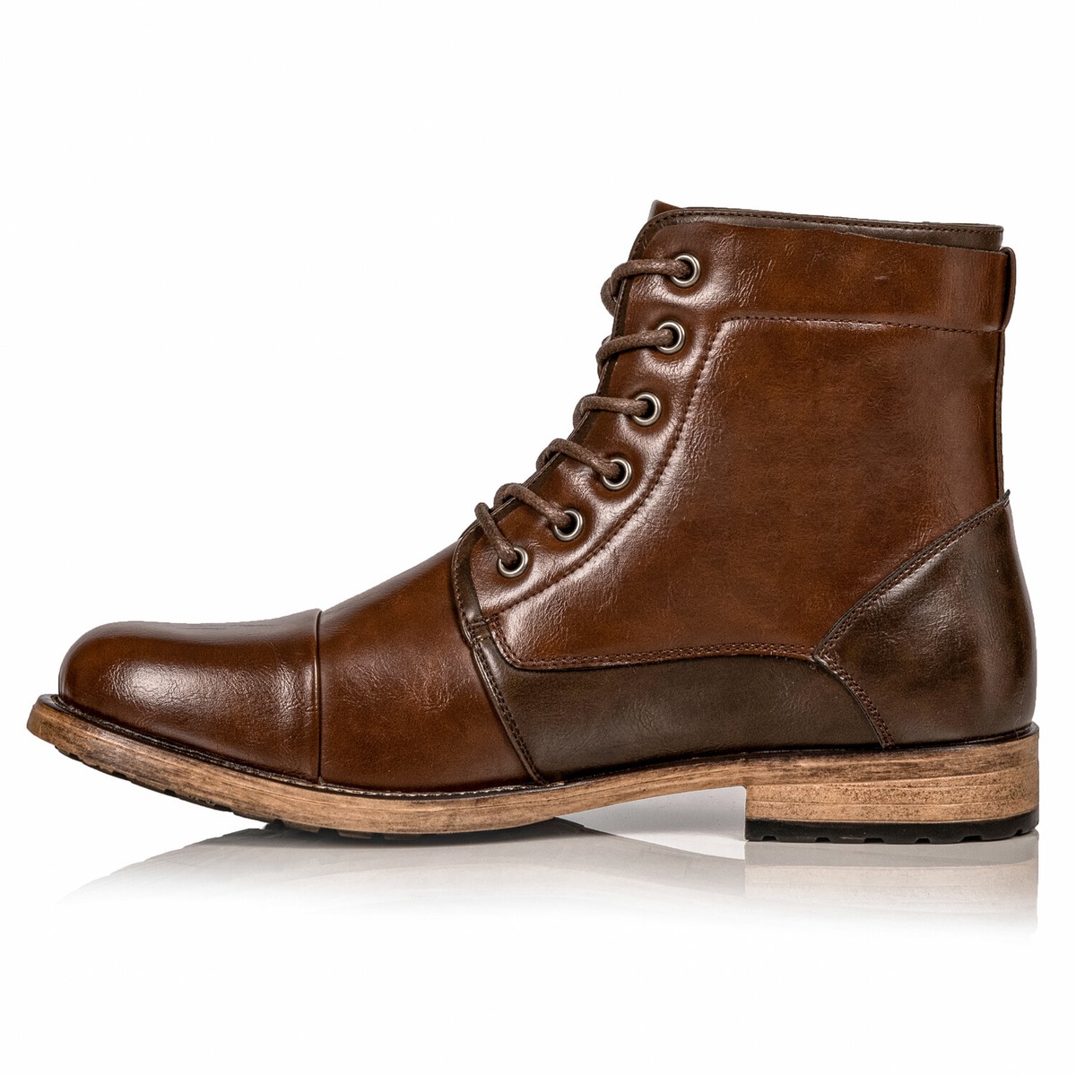 Details Brown Leather Combat Style Boots Cap Toe Lace Up Casual Bootie Men\'s 10C The Commander Cap Toe Lace Up Boot | Andres Handcrafted Boots main image 2