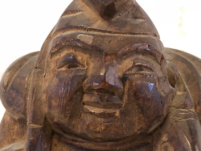 Vintage Antique Asian Wooden Carved Hotei Statue Holding Scroll and Fish
