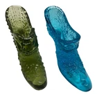 Vintage Fenton Art Glass Green Cat Head  Boot Blue Hobnail Shoe Slipper