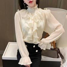 Lady Chiffon Ruffles Shirt Tops Blouse Flare Sleeve Sweet Lolita Frill Top Slim