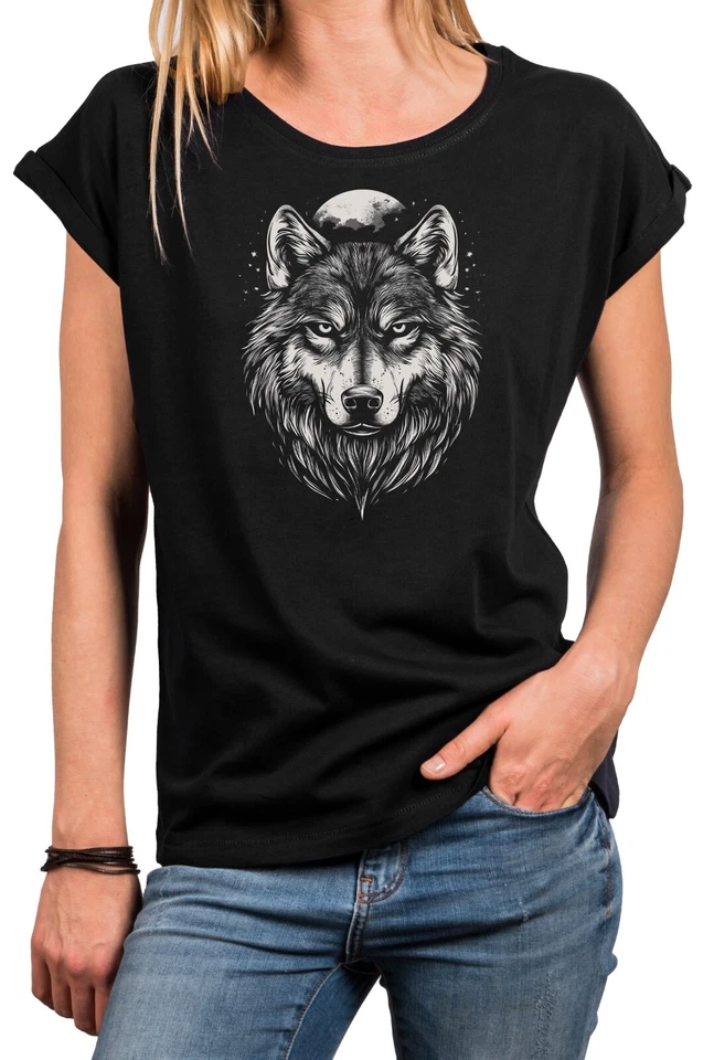 Damen T-Shirt mit Wolfsmoitv Kurzarmshirt Vintage Wolf Design Geschenke Hunde - Bild 1 von 1