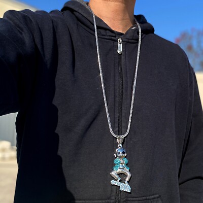 Gangnam Style Blue Iced Pendant Franco Chain Simulated CZ Hip Hop Necklace 36''