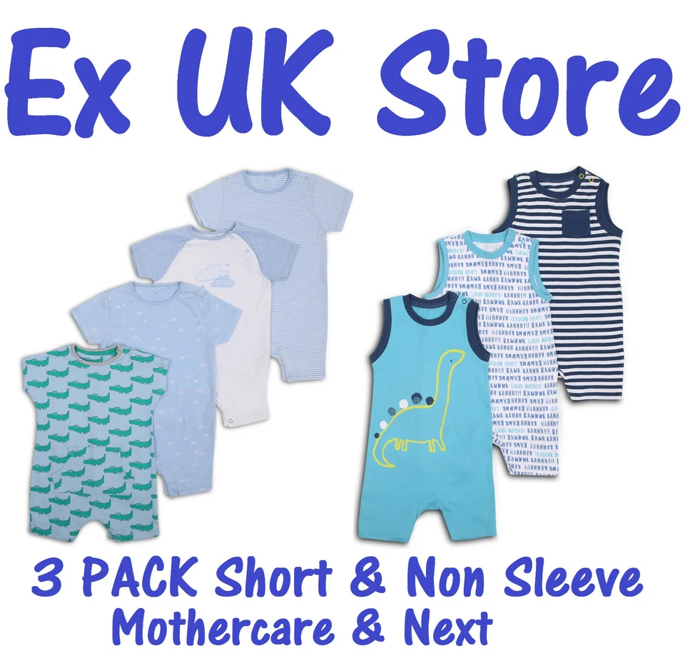 BABY JUNGEN 3ER-PACK TROMPLER BABYGROWS EX UK STORE 1-24 MONATE BAUMWOLLE BRANDNEU