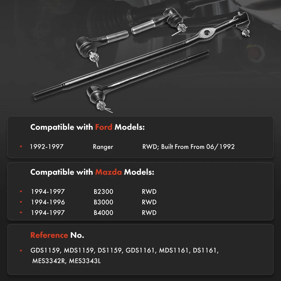 4x Extremo de barra de amarre interior y exterior delantero para Ford Ranger 1992-1997 Mazda B2300 B3000 tracción trasera Foto 2 de 4