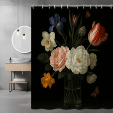 Elegant Floral Shower Curtain with Colorful Flowers and Butterflies