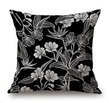Solekla Black White Flowers Cotton Linen Square Throw Pillow Case Decorative ...