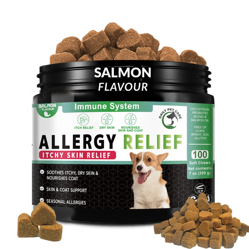 DAILY PET CARE Allergy & Itch Relief -Dog Itchy Skin Relief - Dog Chews 100 Salmon DogTreats