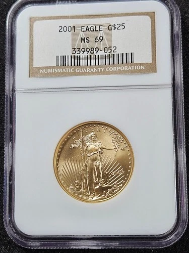 🌟 2001 $25 1/2 oz American Gold Eagle Coin NGC MS69 Scarce Vintage Date