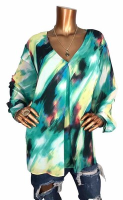 Calvin Klein 2X Top Tie Dye Print Low V Cut Lined Blouse CK Logo Buttons Long Sl