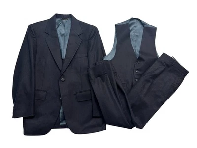 vtg 80s Navy Blue Stripe 36S 32x28 Flannel Wool 3pc Pant Suit Vest USA Mens - Image 1 of 4