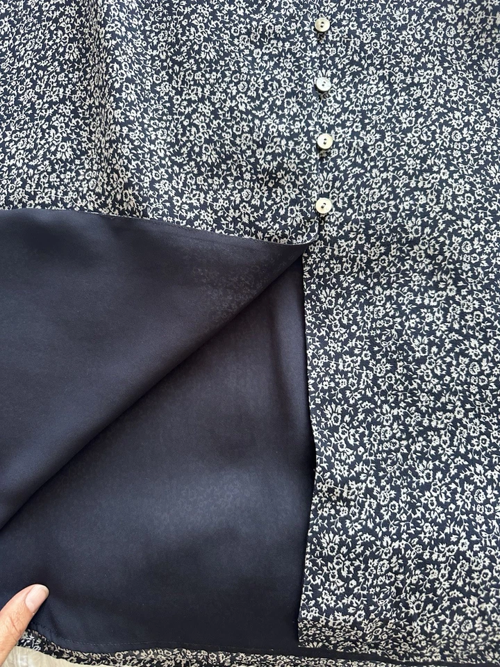 Vintage Laura Ashley 90s Navy Blue Floral 100% Silk Midi Dress 14 16 Button Down - Image 3 of 4