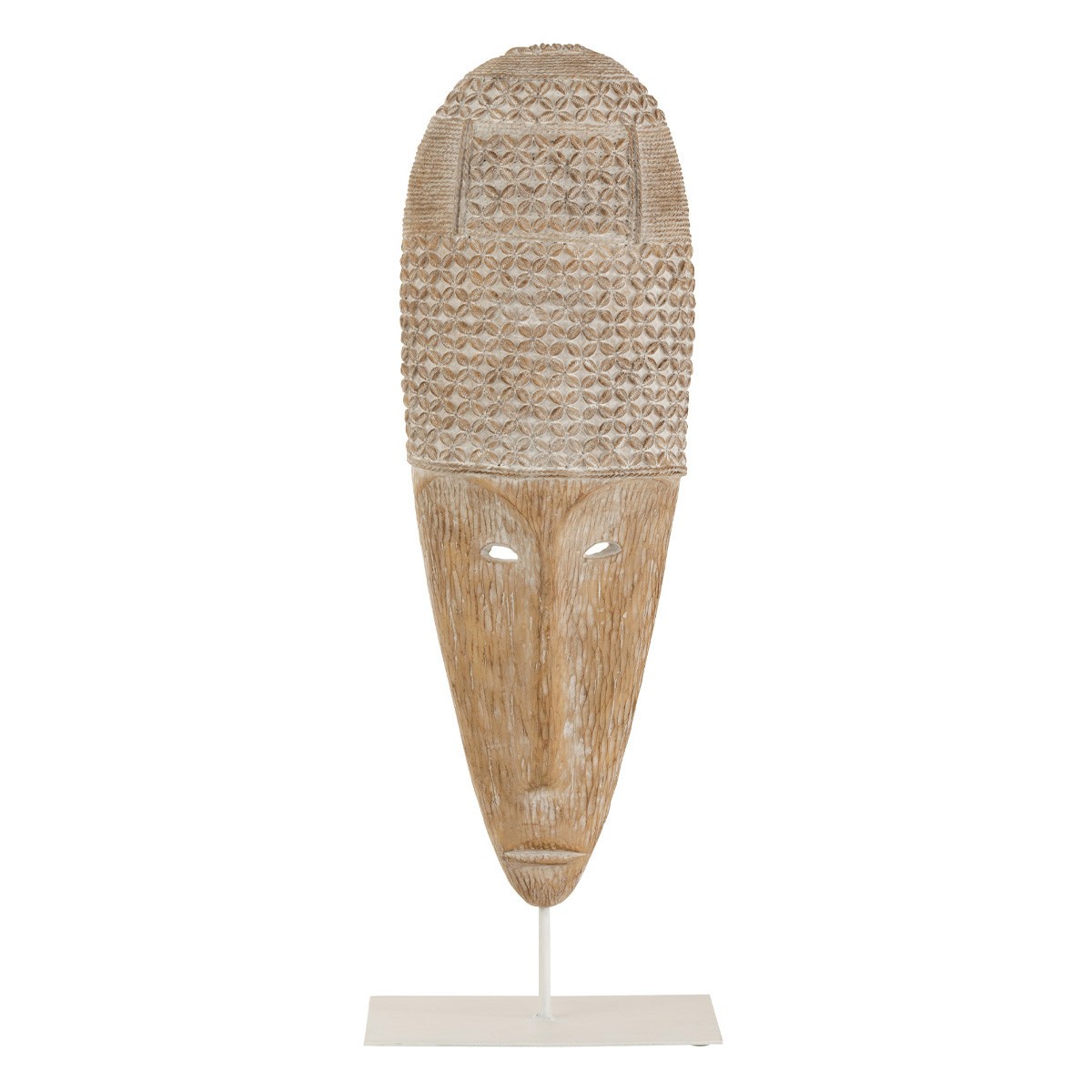 Statuette masque sur pied 64cm objet déco design ethnique blanc beige