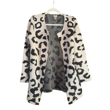 Women's Long Sleeve Cardigan Sweater Cream W/Black Print Escio Size Medium