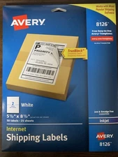 Avery 8126 InkJet MAIL SHIPPING LABELS 50 pk Perforated WHT TrueBlock UPS USPS