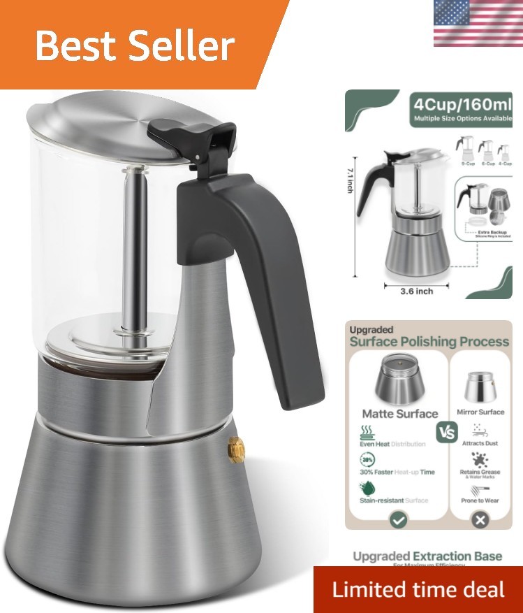 Crystal Glass-Top Moka Pot, Polished Stainless Steel Stovetop Espresso Maker ...
