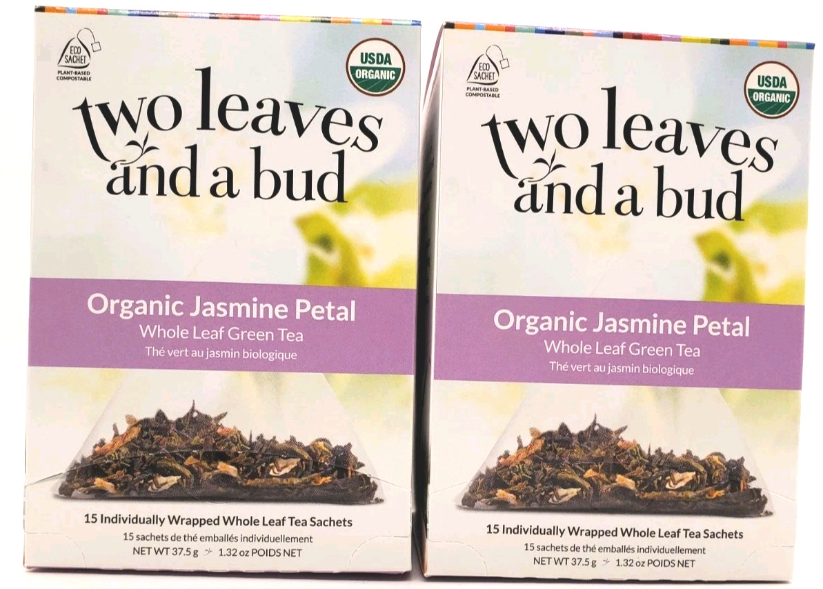Two Leaves and a Bud Organic Jasmine Petal Tea, 15 Sachets-2 Pack Light Caffeine