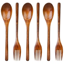 6Pcs Wooden Spoons Forks Set Wooden Spoons and Forks Cutlery Set, Reusable Wo...