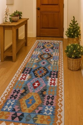 294x78 CM GRÜN HANDGEKNÜPFT AFGHANISCHER KILIM TEPPICH TÜRKISCH VINTAGE WOLLLÄUFER CARPET