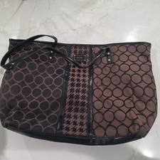 Nine West Brown Black Tote Handbag Patent Trim Geometric Pattern Purse