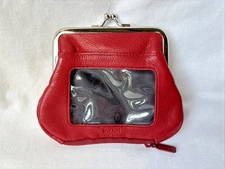 Buxton Coin Purse Wallet Red Leather Kiss Lock + Zipper Pocket + ID window