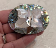 Vintage Brass Women's Belt Buckle with Inlaid Mother of Pearl Abalone Shell