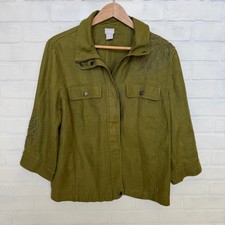 Chico's Women's 100 Linen Green Leaf Beads 3/4 Sleeve Button Jacket -sz 2 12/14