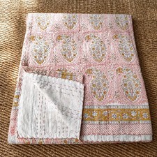 Ethnic Kantha Bedspread Block Print Quilt King Size Handmade Floral Bedcover