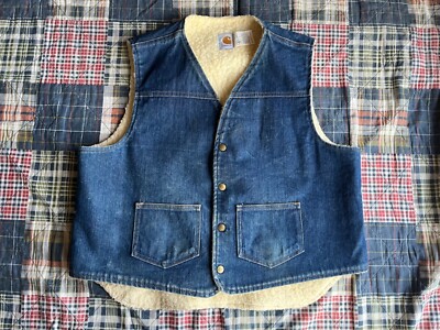 Vintage 80s CARHARTT Denim Sherpa Lined Snap Vest 8SV Men's Sz XL