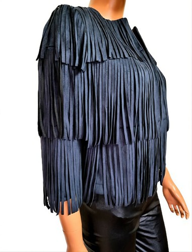 RIVER ISLAND JACKET UK4-6 WESTERN NAVY FAUX SUEDE TASSELED OPEN FRONT COWGIRL#K2 - Picture 5 of 8
