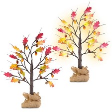 2Pcs 23" Artificial Lighted Maple Tree w/ 24Pcs LED Lights Fall Tree Party Decor