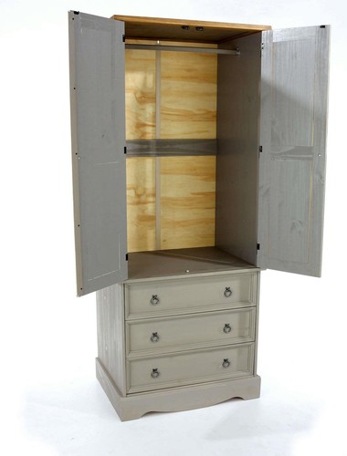 Bedroom Wardrobe Corona Grey 2 Door 3 Drawer Antique Wax Finish Home Furniture - Picture 6 of 6