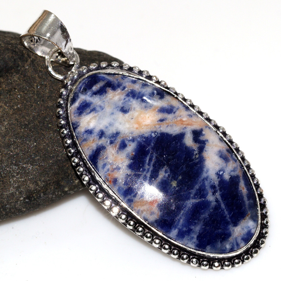 925 Silver Plated Sodalite Ethnic Pendant Handmade Jewelry Size 2.1