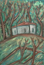 Vintage expressionist oil painting landscape forest house signed