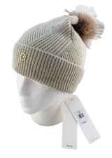 CALVIN KLEIN Cream with Sparkle Highlights Gold Logo Badge Pom Beanie MSRP 48