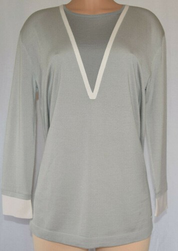 AKRIS Gris Lana Beige Mangas Borde Mangas Y Cuello en V Mangas Largas Cuello Redondo Talla L - Imagen 5 de 10