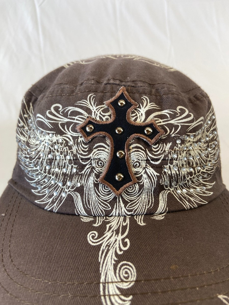 Womens Cross With Wings Cadet Cap Fitted Hat Studded Bling