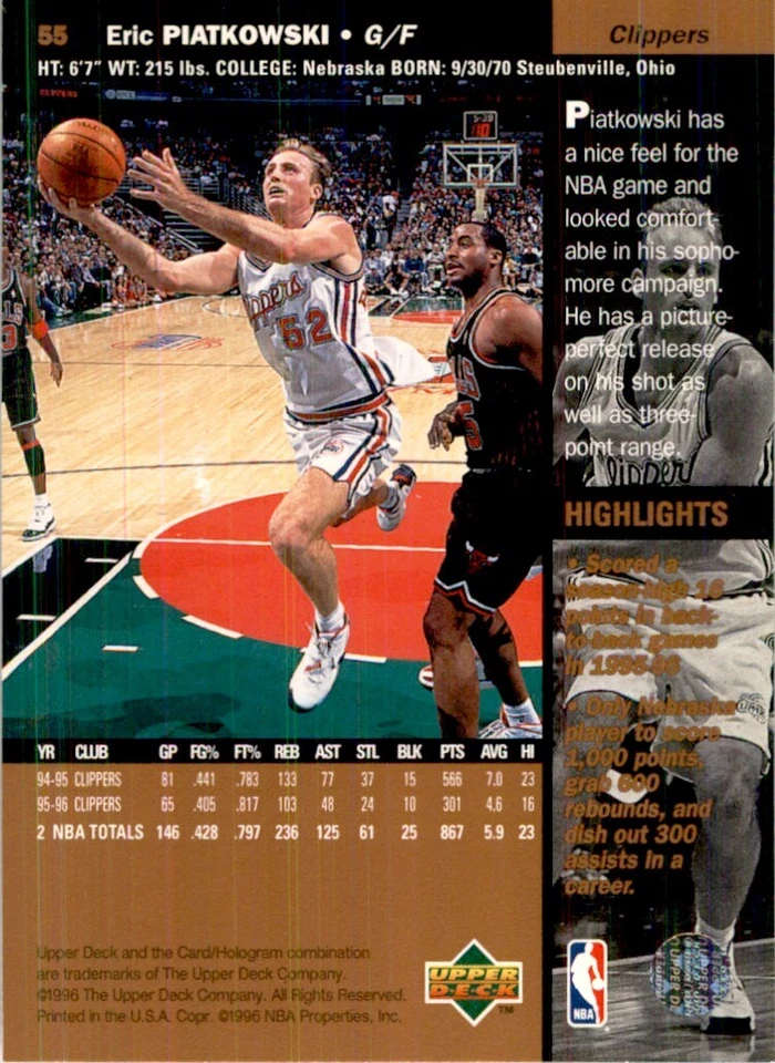 1996-97 Upper Deck Eric Piatkowski Basketball Cards #55 - Image 2 of 2