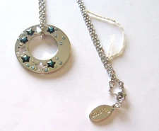 Borun  Pendant and Necklace silver tone round pendant- stars- blue crystals