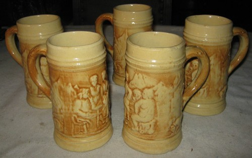 ANTIQUE HULL COUNTRY BAR BEER HOME ART STONEWARE POTTERY PITCHER MUG STEIN SET - Picture 6 of 8