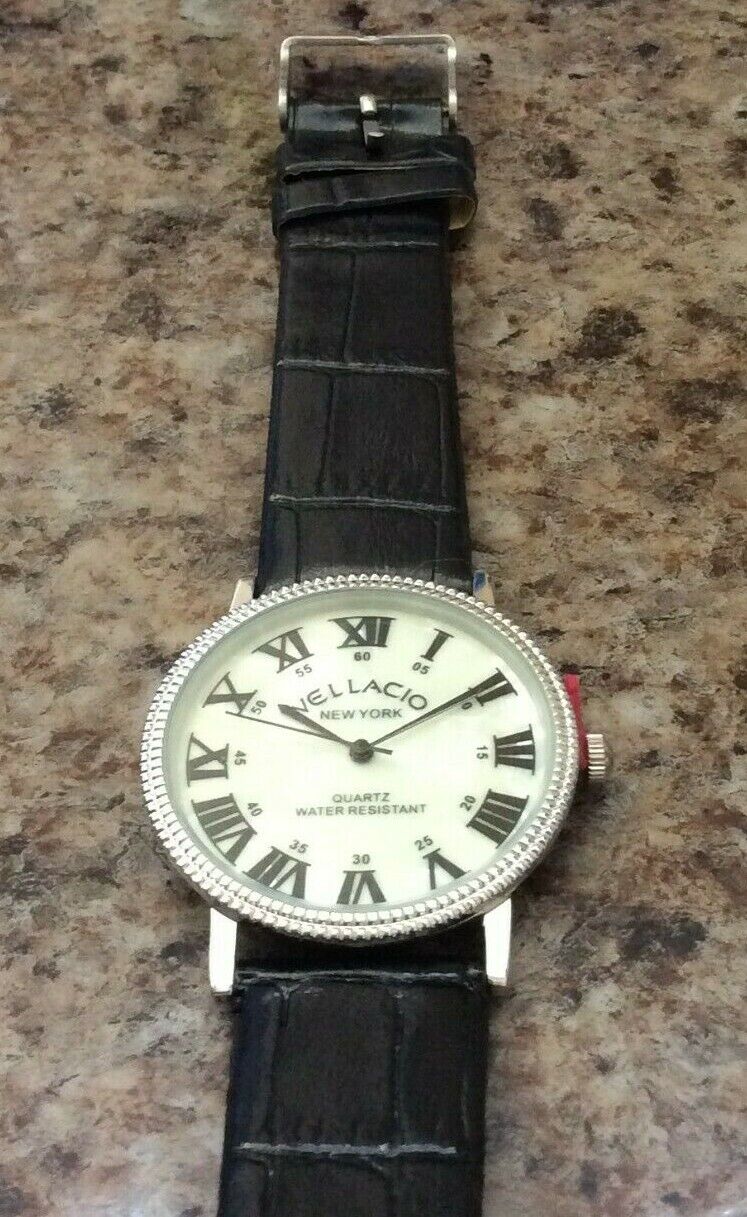 Vellacio New York Men's Watch Round Pearl Dial Roman Numeral Black Leather Band!