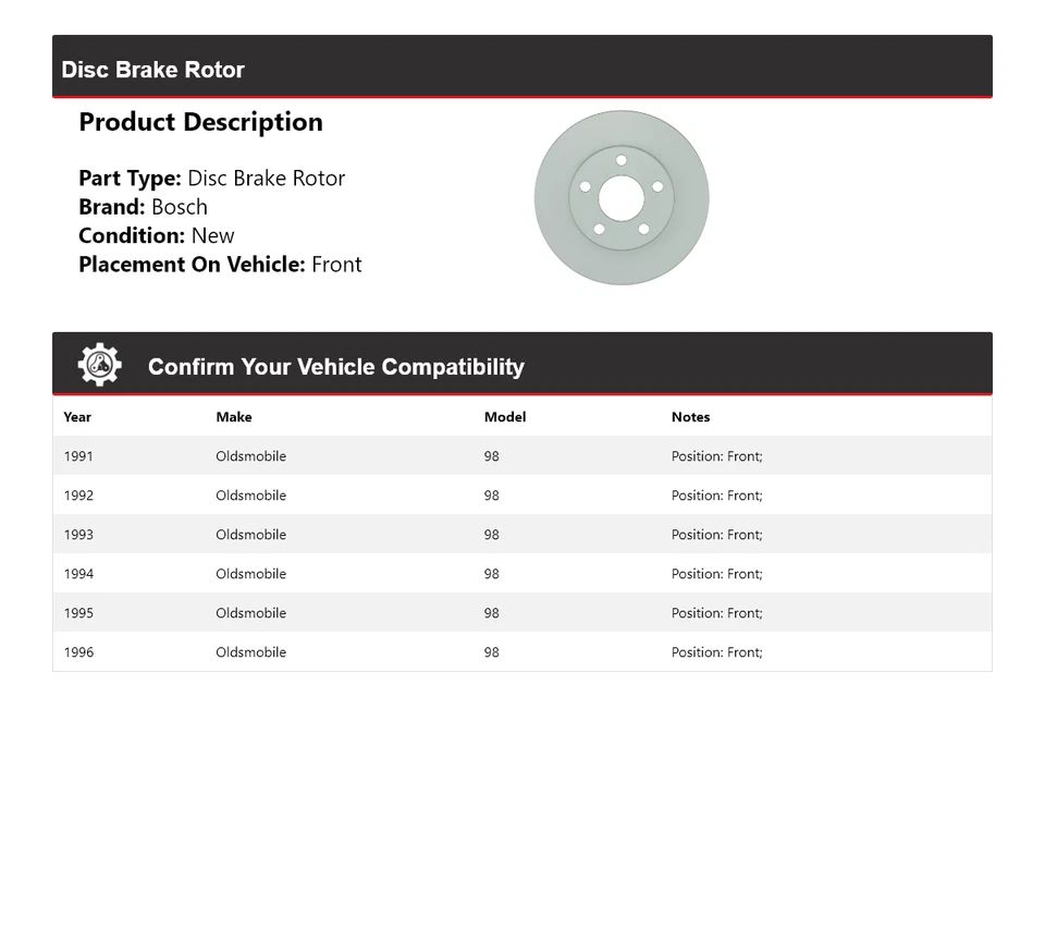 Rotor de freno de disco delantero para Oldsmobile 98 Bosch QuietCast 1991-1996 1992 1993 Foto 2 de 4