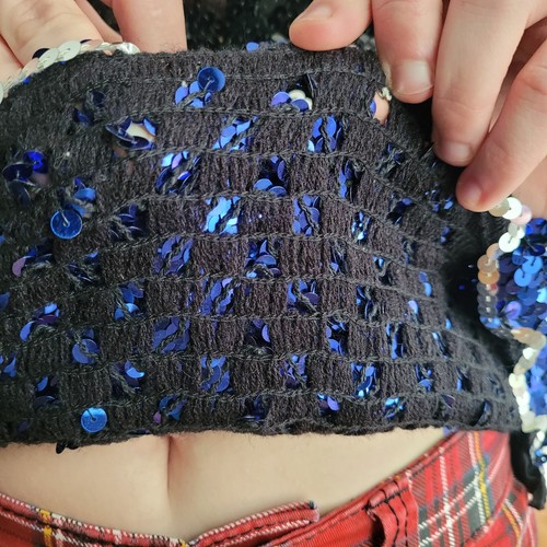 Vintage 80s Fully Sequined Crochet Chevron Blue Long Sleeve Top Holiday Glam Sm. - Picture 8 of 10