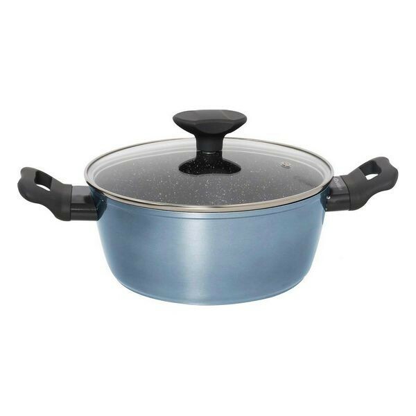 Marmite induction 24 cm bleue anti-débordement avec couvercle en verre à anses