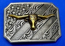 Patriotic American Flag  Western Texas Longhorn - Patriots 2 Tone Belt Buckle