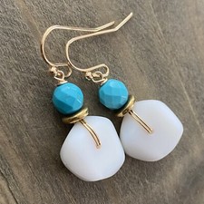 Min Favorit Opaque White Sea Glass, Turquoise  Gold Pl Artisan Drop Earrings
