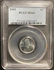 1943  Steel Lincoln Cent, Graded PCGS MS66, CERT VERIFICATION # 16803457