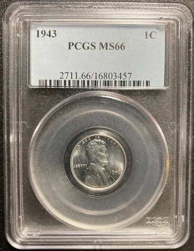 1943  Steel Lincoln Cent, Graded PCGS MS66, CERT VERIFICATION # 16803457